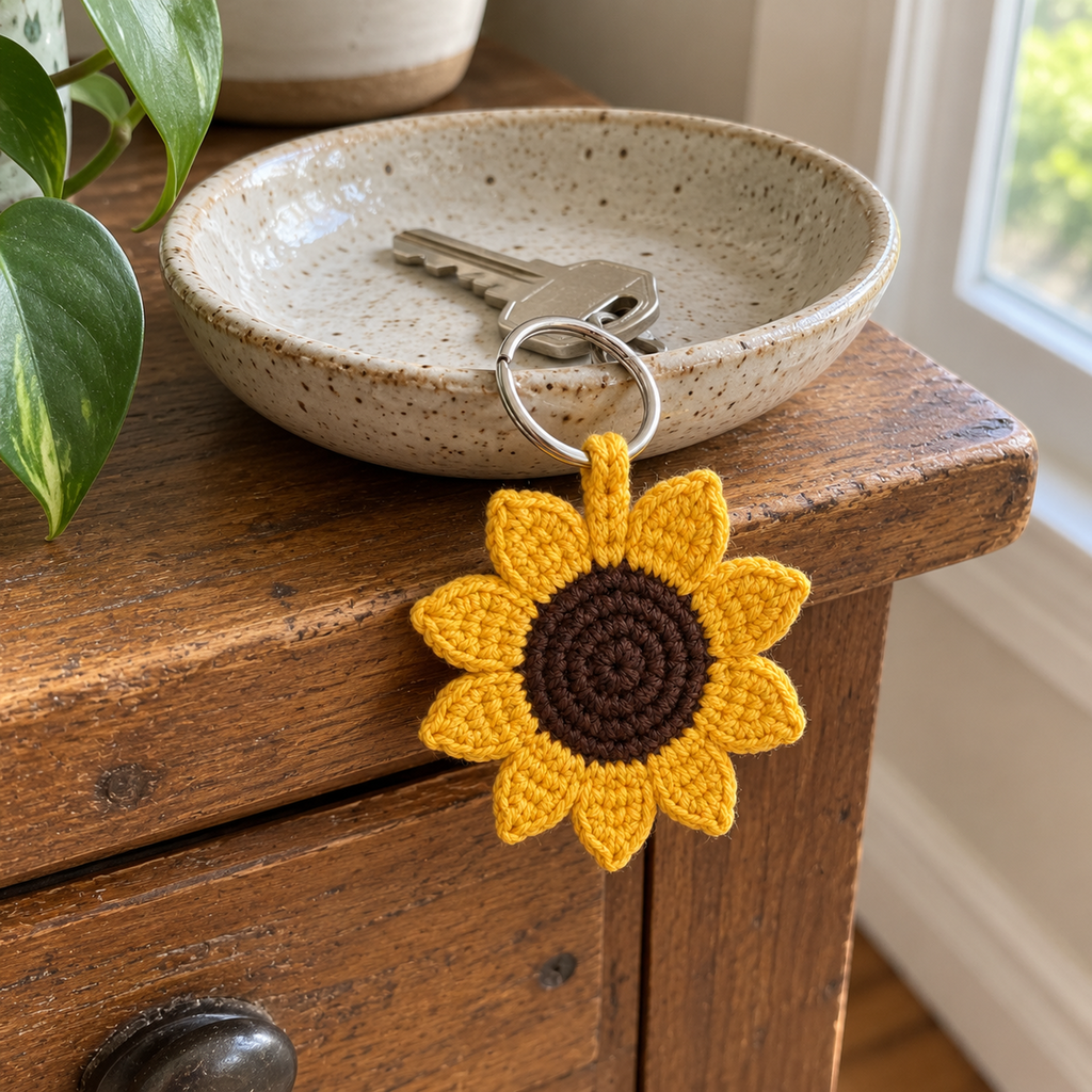 Golden-yellow crochet sunflower keychain attached to house keys in a speckled ceramic dish, hanging over the edge of a wooden cabinet.
