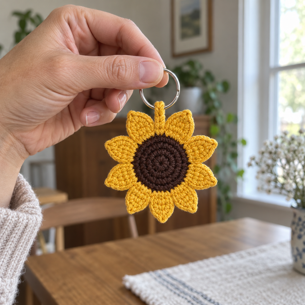 An adult hand holding a small golden-yellow and dark-brown crochet sunflower keychain by its silver ring beside a home window.
