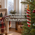 Red, cream, green and gold crocheted spiral ornament hanging from a Christmas-tree branch beside a window and armchair, with the product title across the centre.