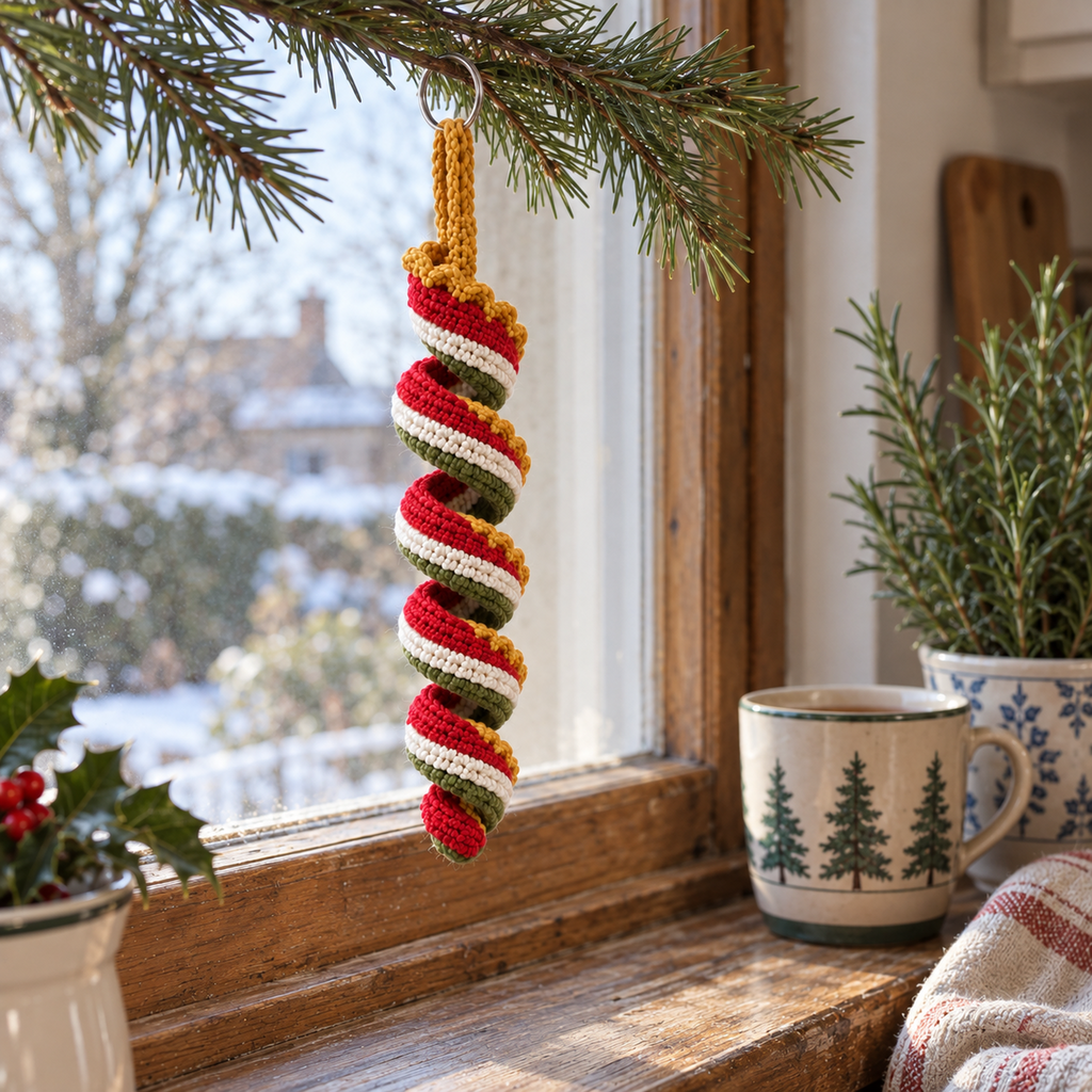 Red, cream, green and gold crocheted spiral ornament hanging from an evergreen twig in a kitchen window above a wooden sill with a mug and rosemary pot.
