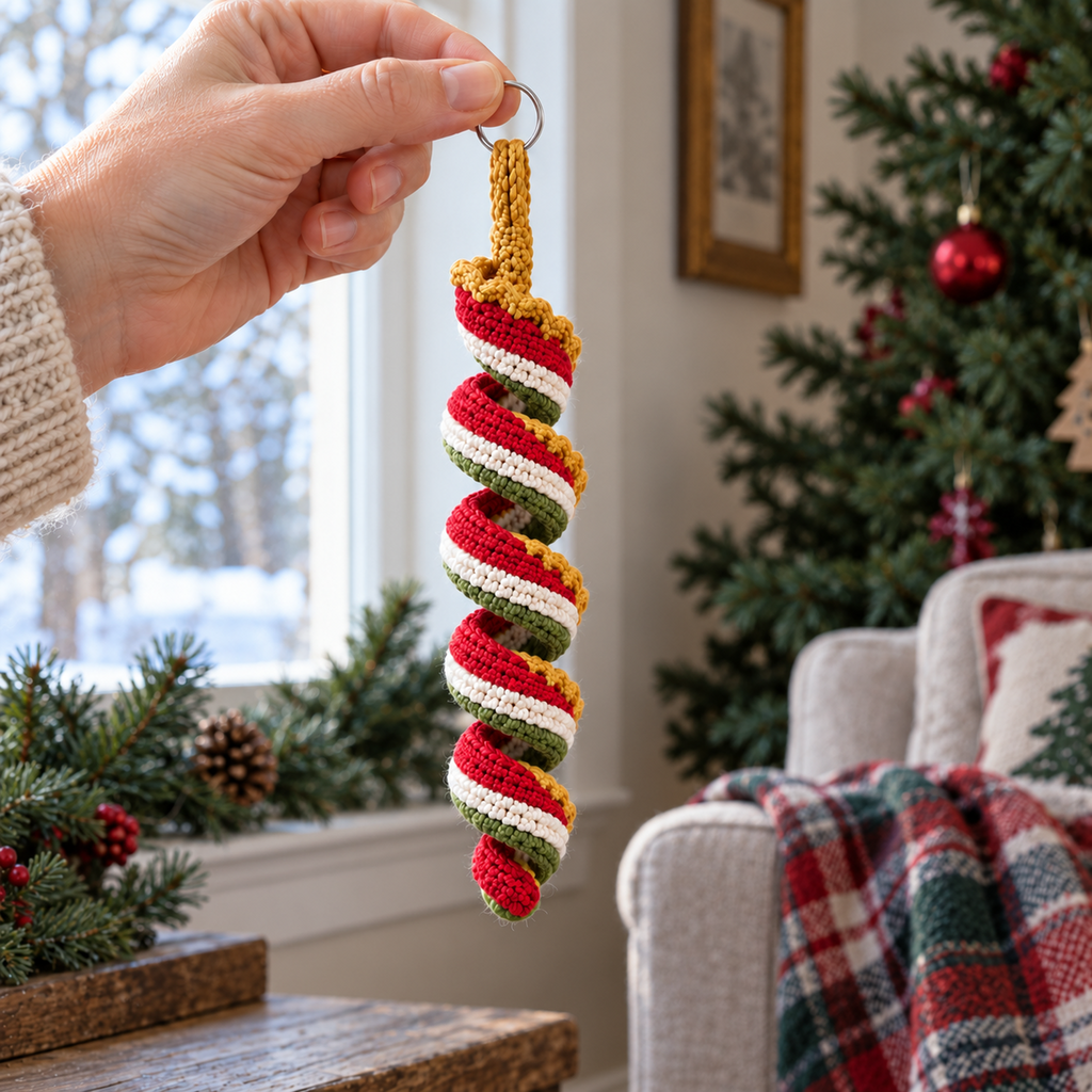 An adult hand holding the silver ring of a red, cream, green and gold crocheted spiral ornament beside a Christmas tree and a window.
