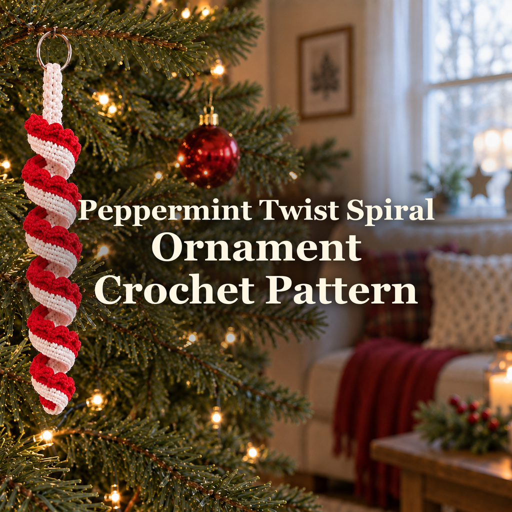 Red-and-white crocheted peppermint spiral ornament hanging from a Christmas tree branch in a cosy sitting room, with the title Peppermint Twist Spiral Ornament Crochet Pattern.
