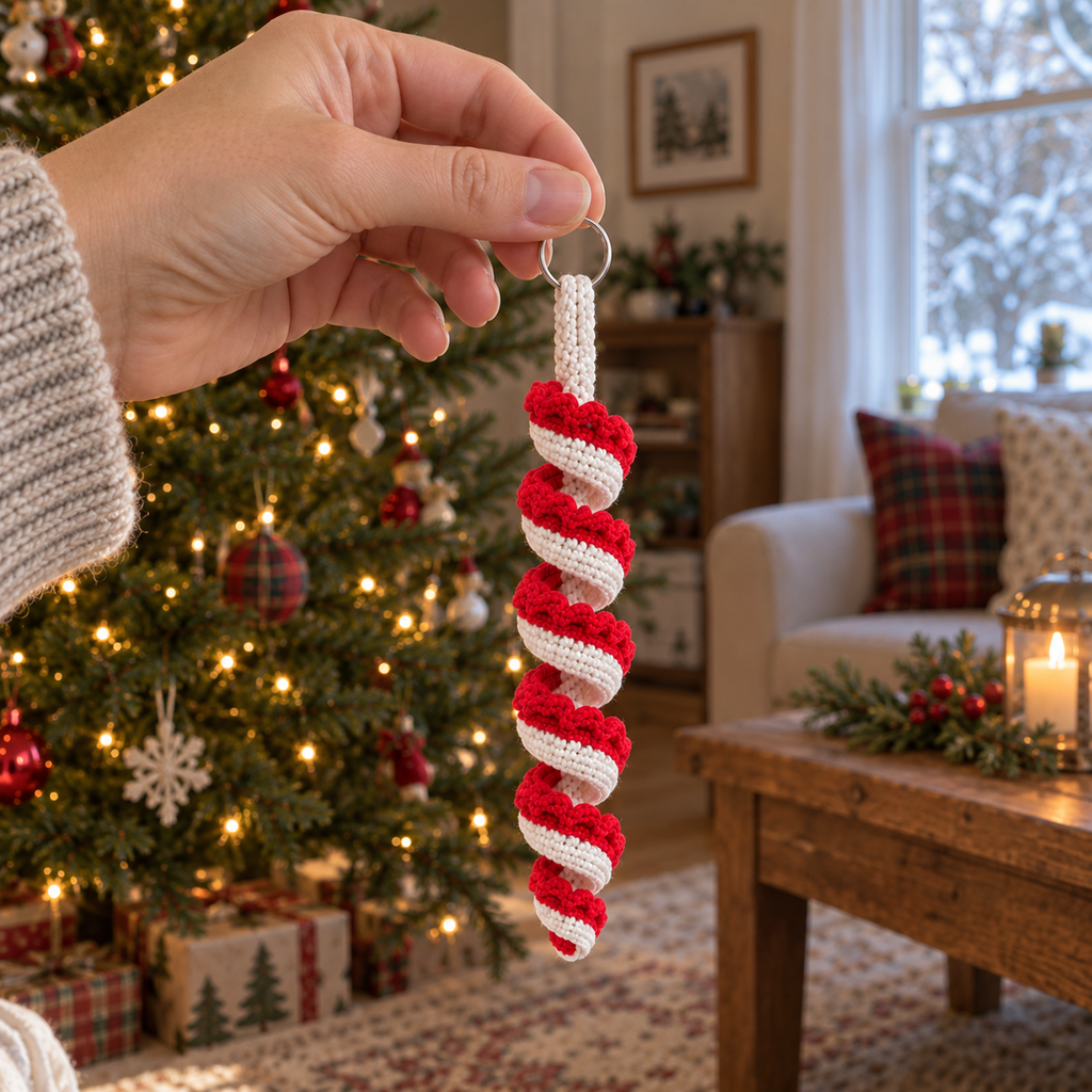 An adult hand holding the silver ring of a red-and-white crocheted peppermint spiral ornament in a Christmas sitting room.
