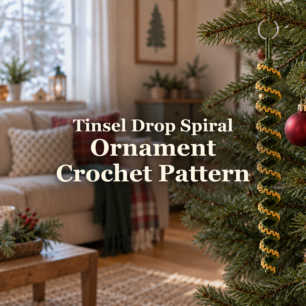 A spruce-green spiral crochet ornament with gold edging hangs from a Christmas tree branch in a living room, with the title Tinsel Drop Spiral Ornament Crochet Pattern across the image.