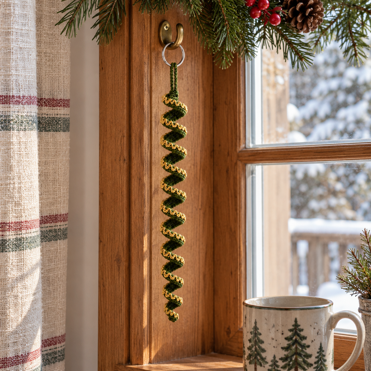 A spruce-green spiral crochet ornament with gold edging hangs from a brass hook beside a wooden window, above a ceramic mug on the sill.