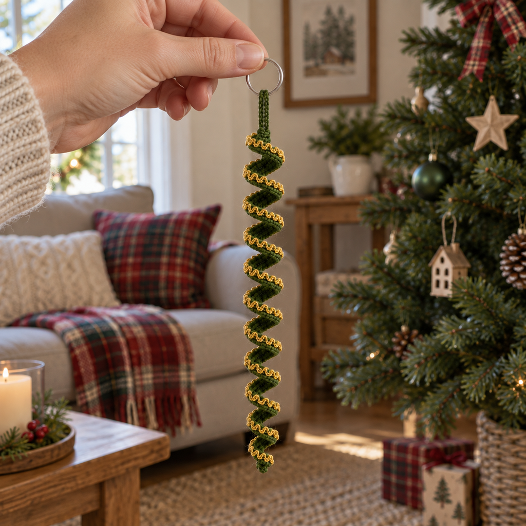 An adult hand holds the silver ring of a spruce-green spiral crochet ornament with gold edging in a Christmas living room.