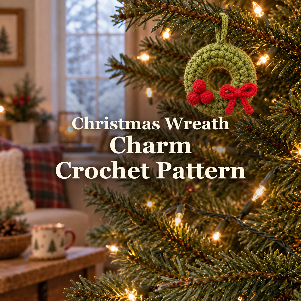 Small green crochet wreath with red berries and a red bow hanging on a lit Christmas tree branch, with the title Christmas Wreath Charm Crochet Pattern.