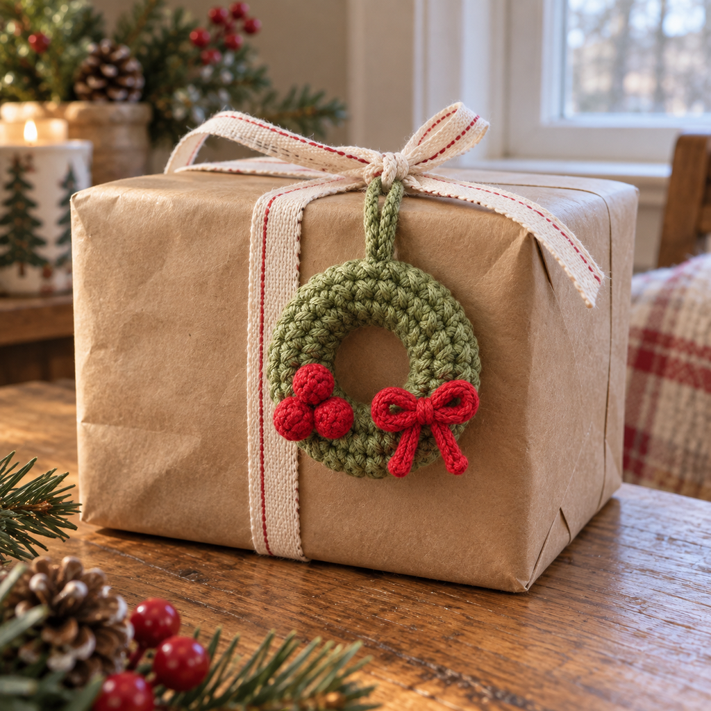 Green crochet wreath with red berries and a red bow tied by its loop to the ribbon on a kraft-paper-wrapped present.