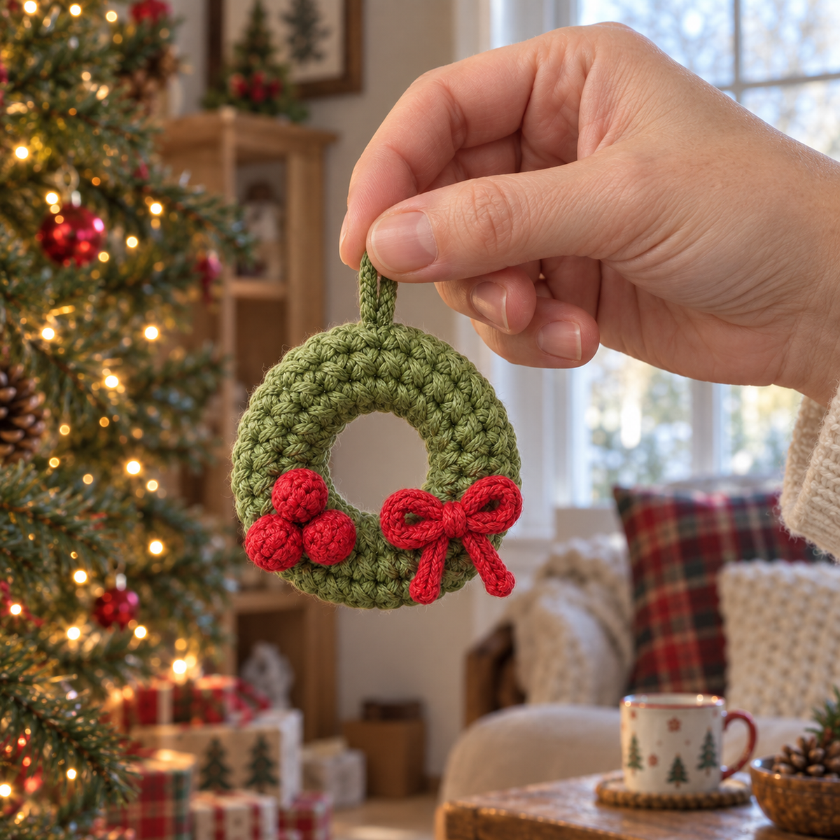 An adult hand holding a small green crochet wreath with red berries and a red bow by its green hanging loop.