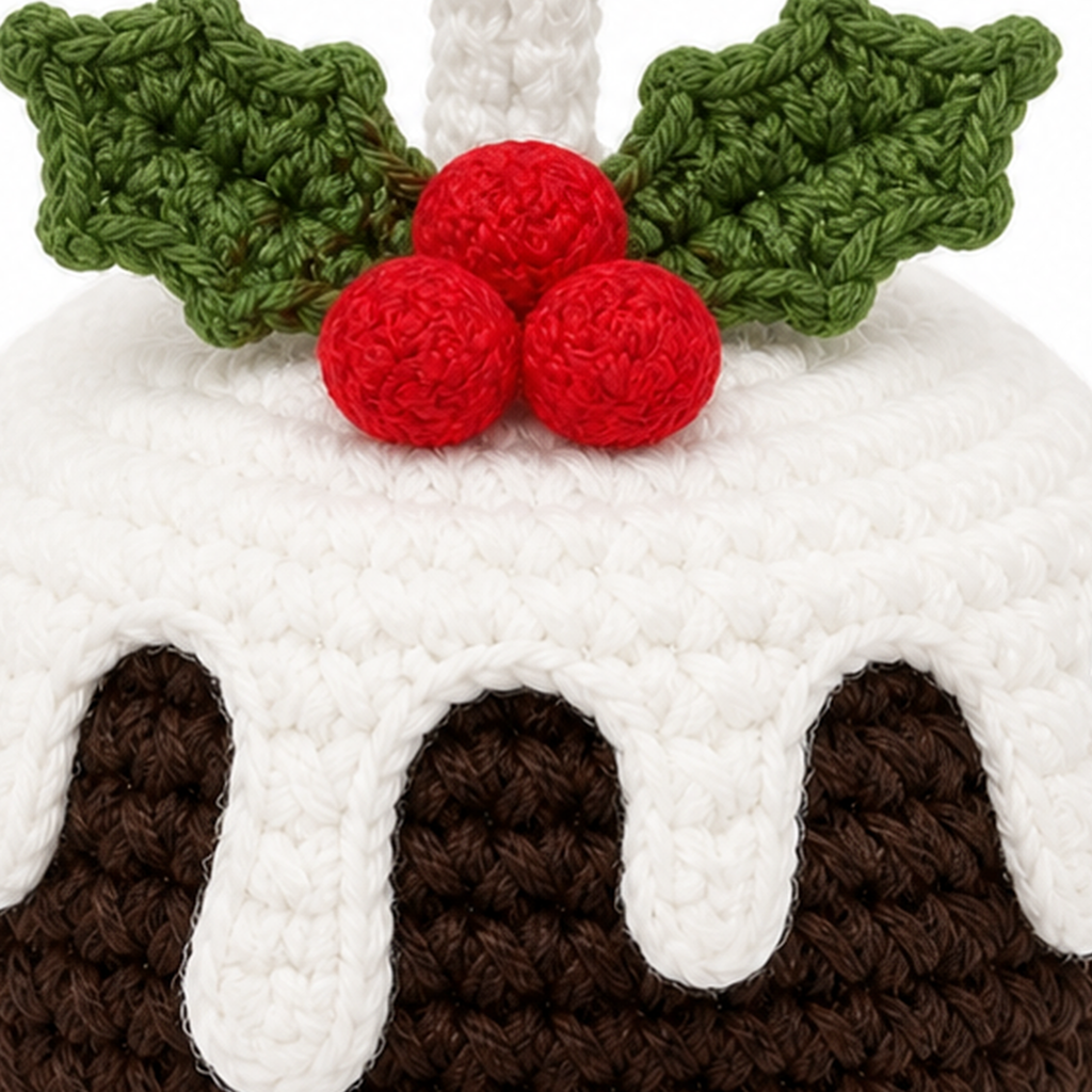 Close-up of the crochet stitches on the Christmas pudding ornament