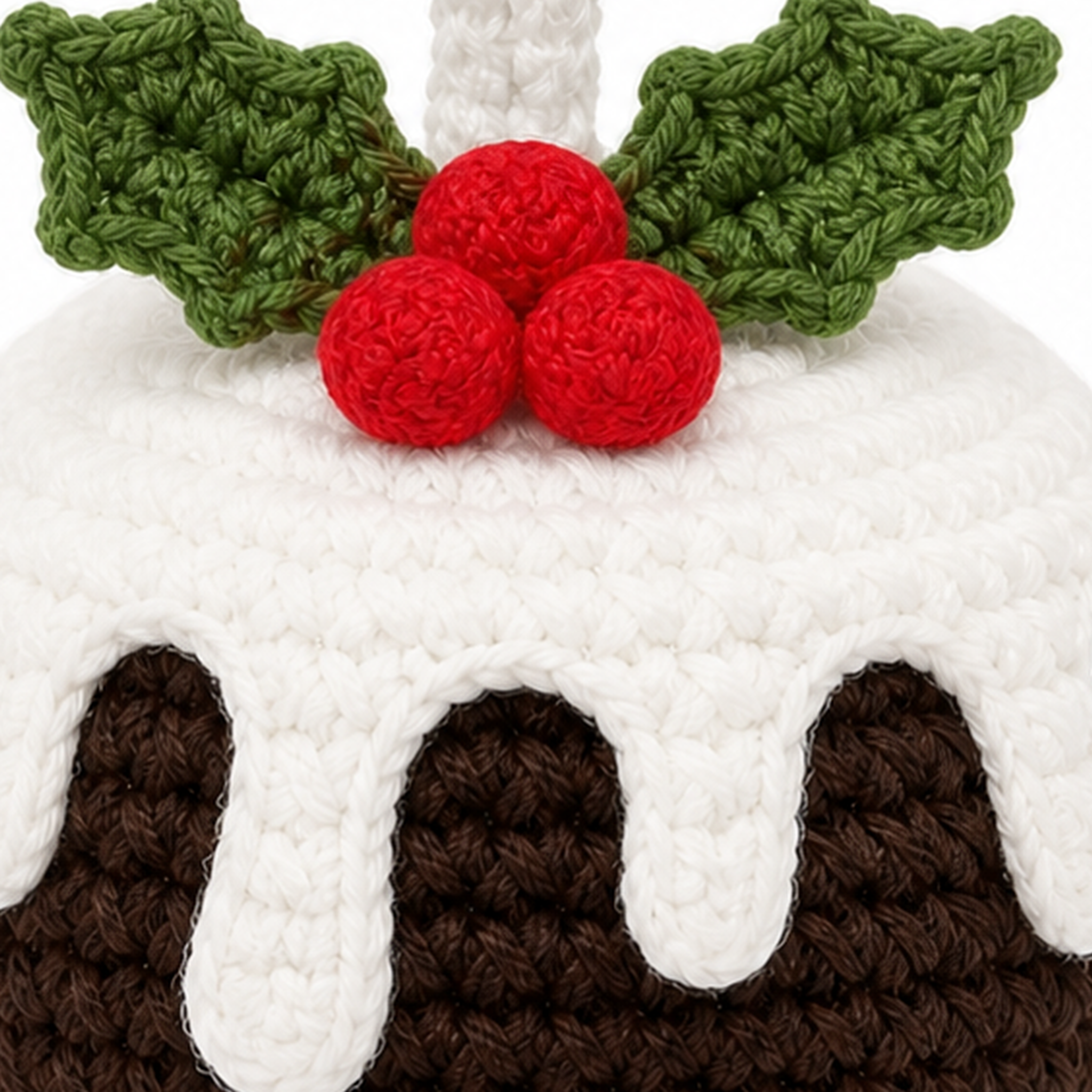 Close-up of the crochet stitches on the Christmas pudding ornament
