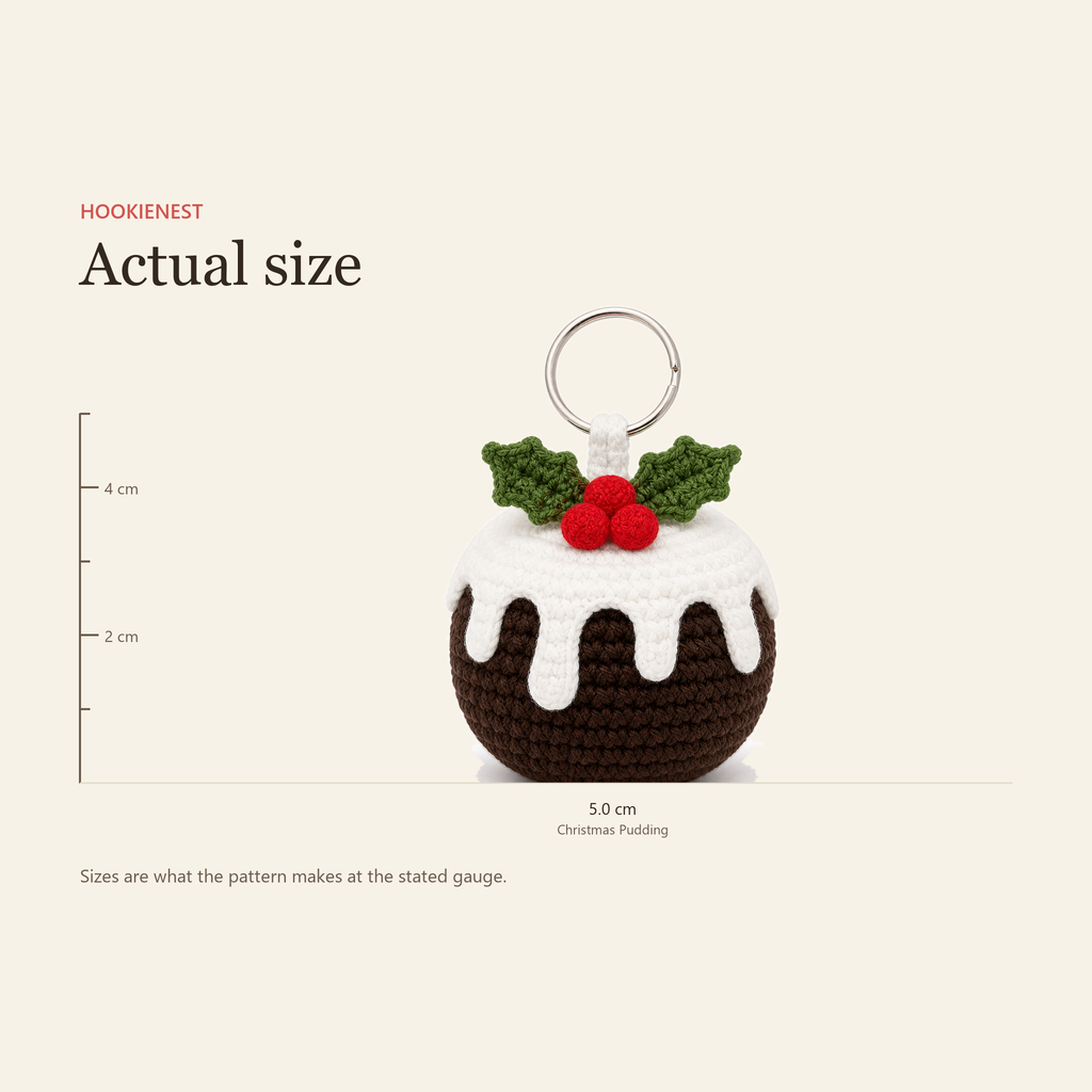 Actual size chart: the Christmas pudding ornament is about 5.0 cm