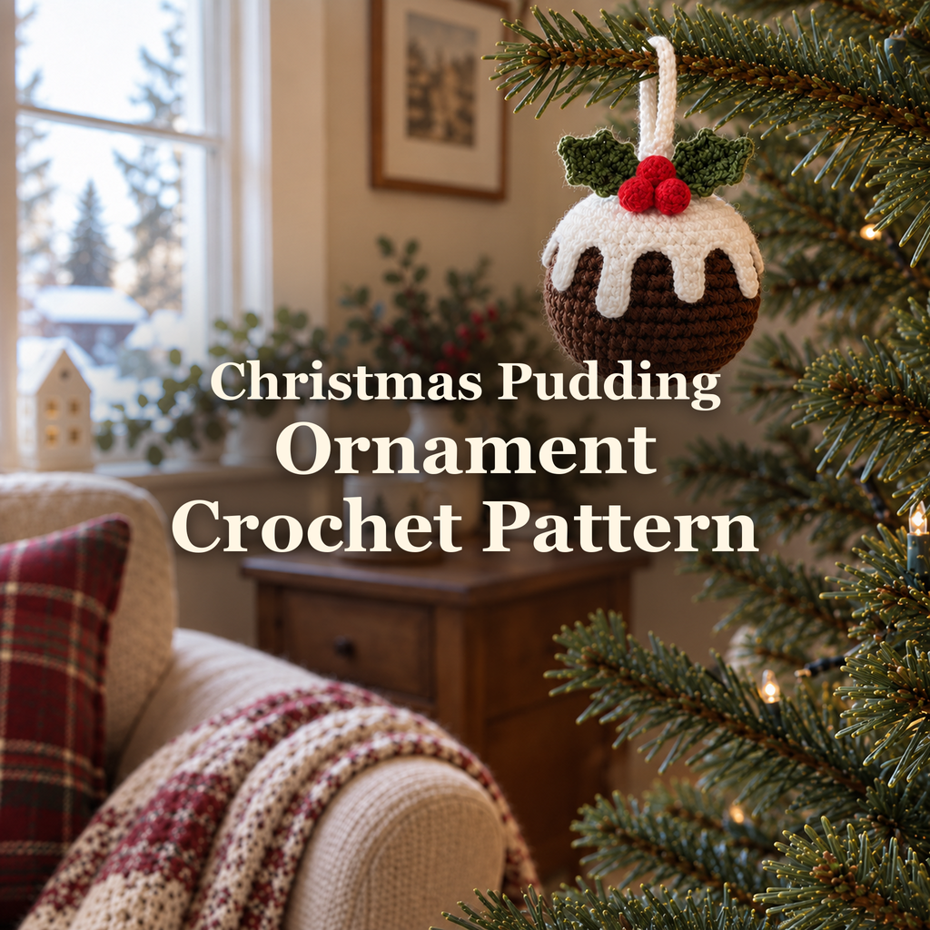 A dark-brown crochet Christmas pudding ornament with white icing, green holly leaves and red berries hangs from a Christmas tree branch beside a living-room window, with the product title across the centre.