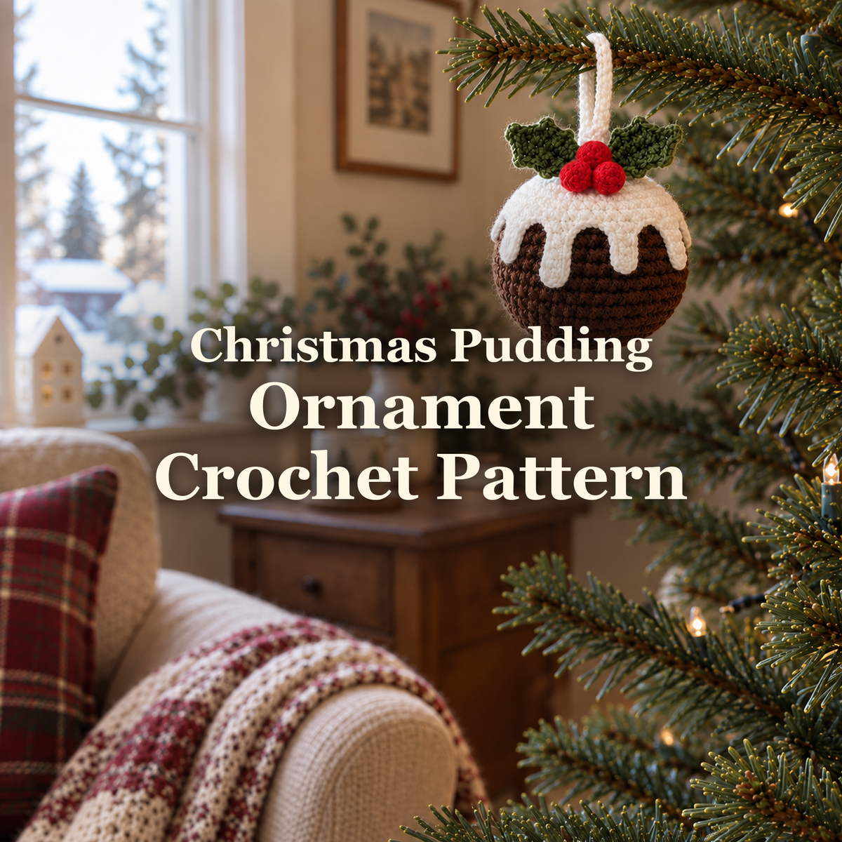 A dark-brown crochet Christmas pudding ornament with white icing, green holly leaves and red berries hangs from a Christmas tree branch beside a living-room window, with the product title across the centre.