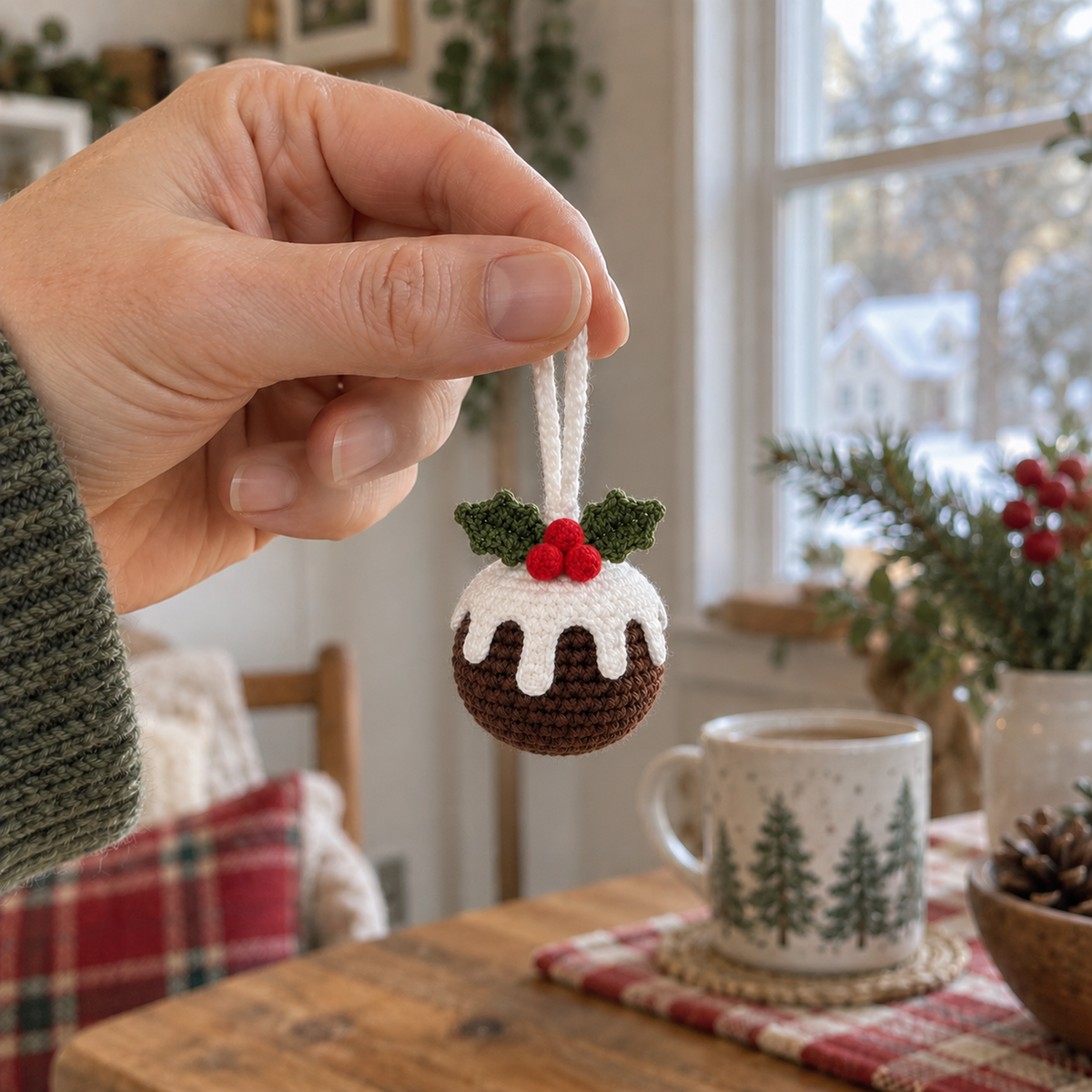 An adult hand holds a small crochet Christmas pudding ornament by its white yarn loop beside a window.