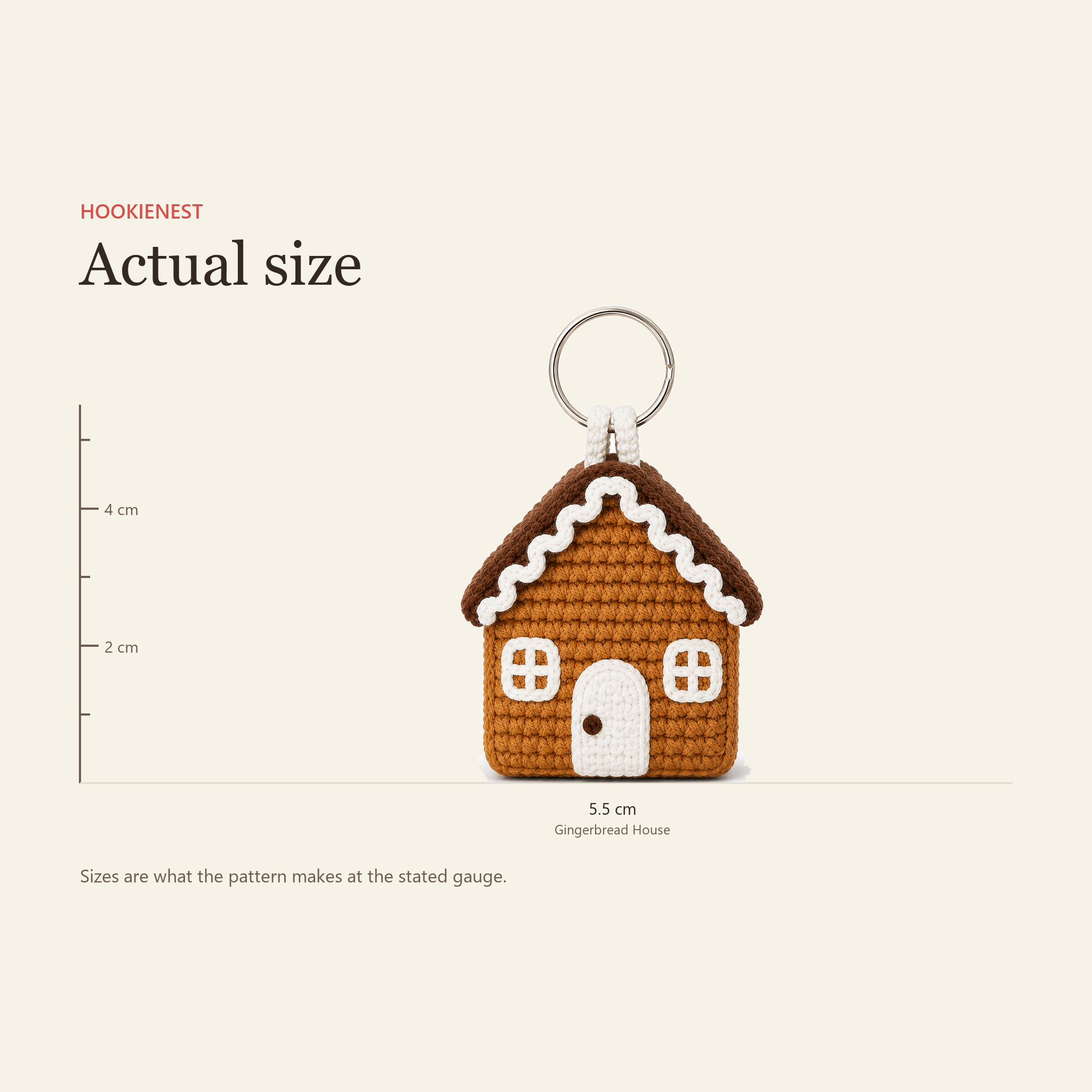 Actual size chart: the gingerbread house ornament is about 5.5 cm