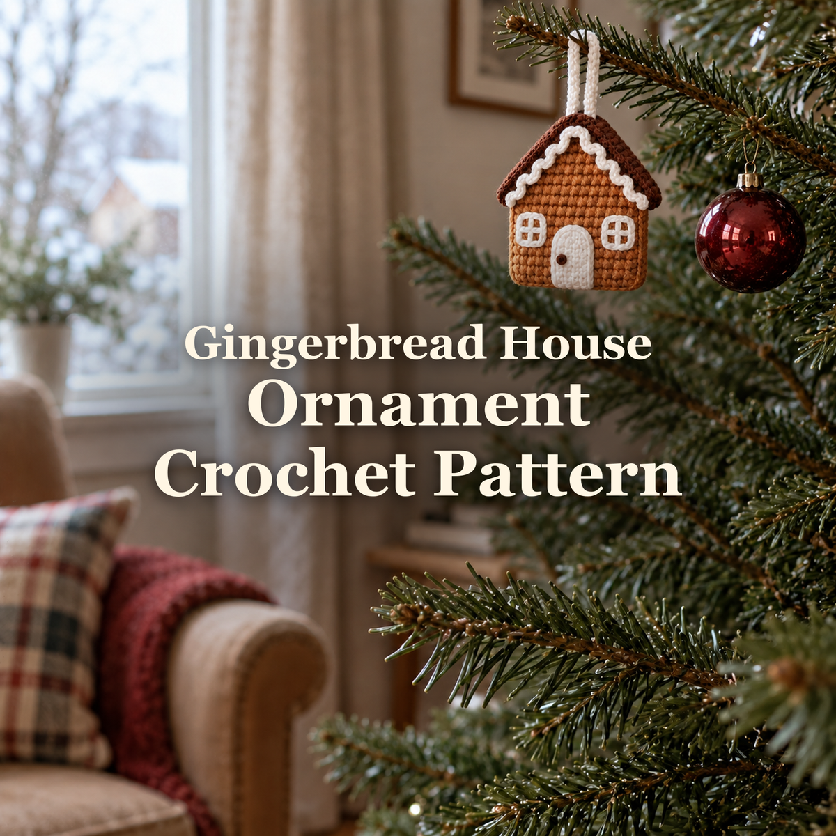 Brown crochet gingerbread house ornament with white icing, windows and door hanging from a Christmas tree branch beside a red bauble in a sitting room.
