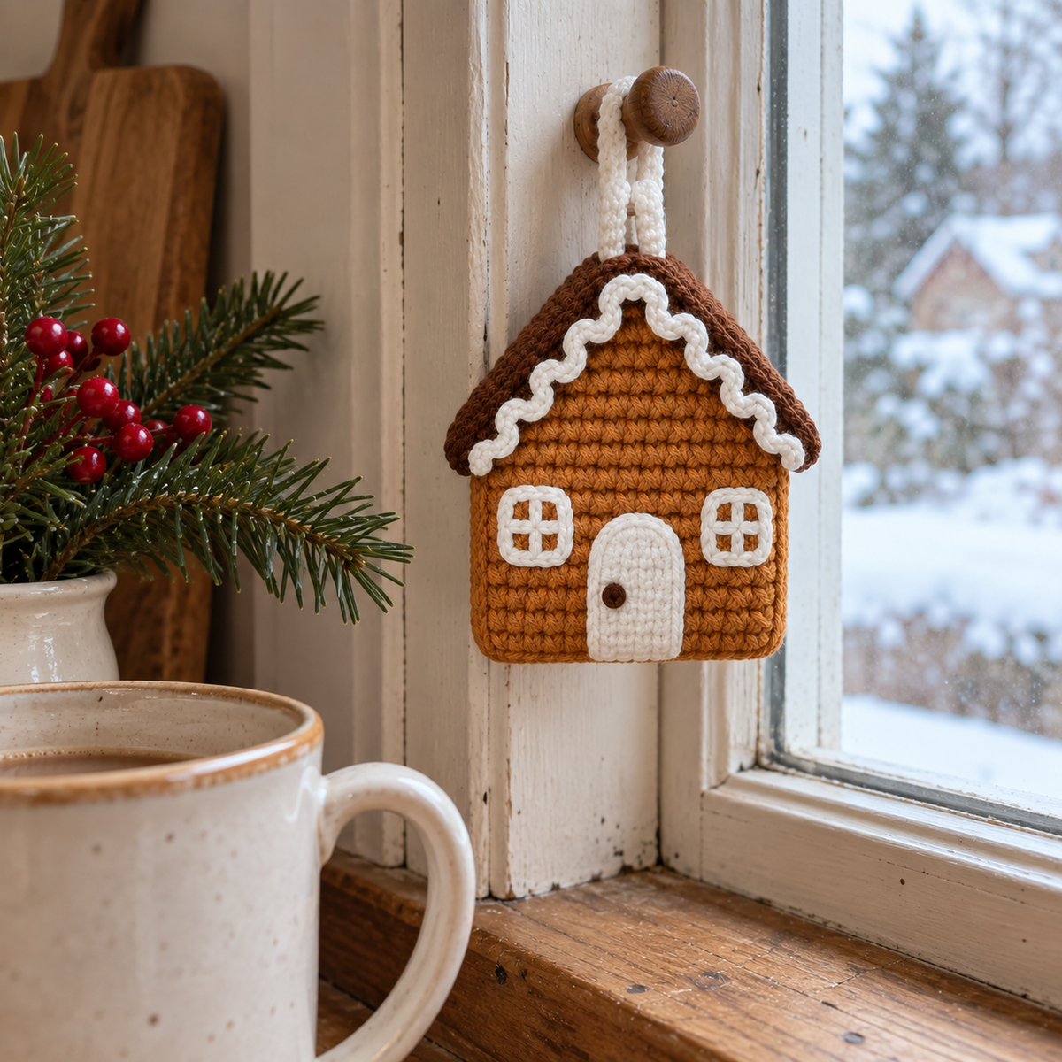 Crochet gingerbread house ornament hanging from a wooden peg beside a kitchen window, above a ceramic mug and fir sprigs.