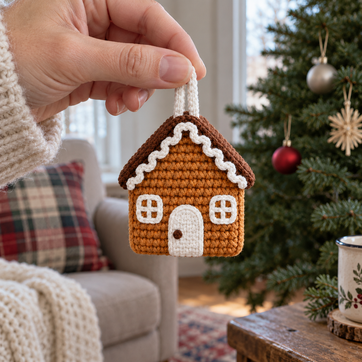 An adult hand holding a small crochet gingerbread house ornament by its white hanging loop, with a Christmas tree and sofa behind it.