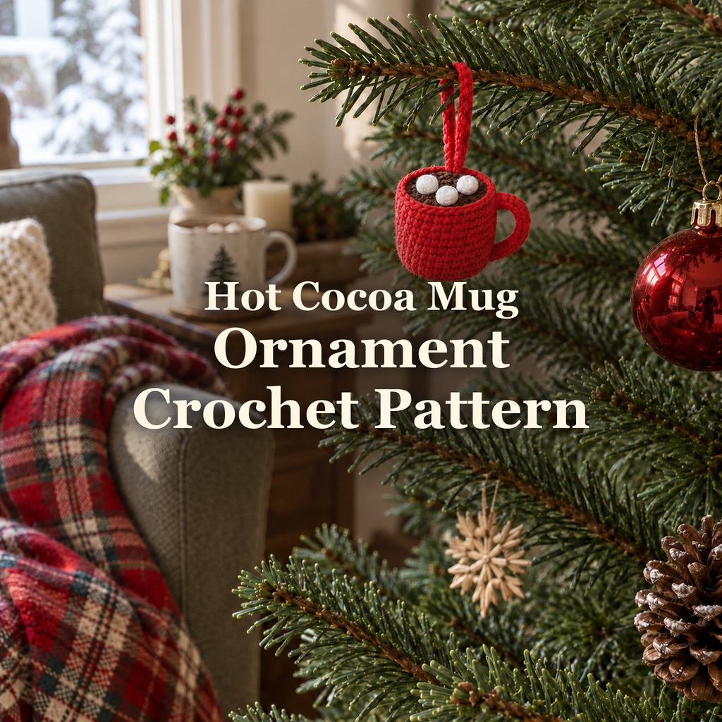 Red crochet hot cocoa mug ornament with three white marshmallows hanging from a Christmas tree branch beside a plaid-covered armchair.