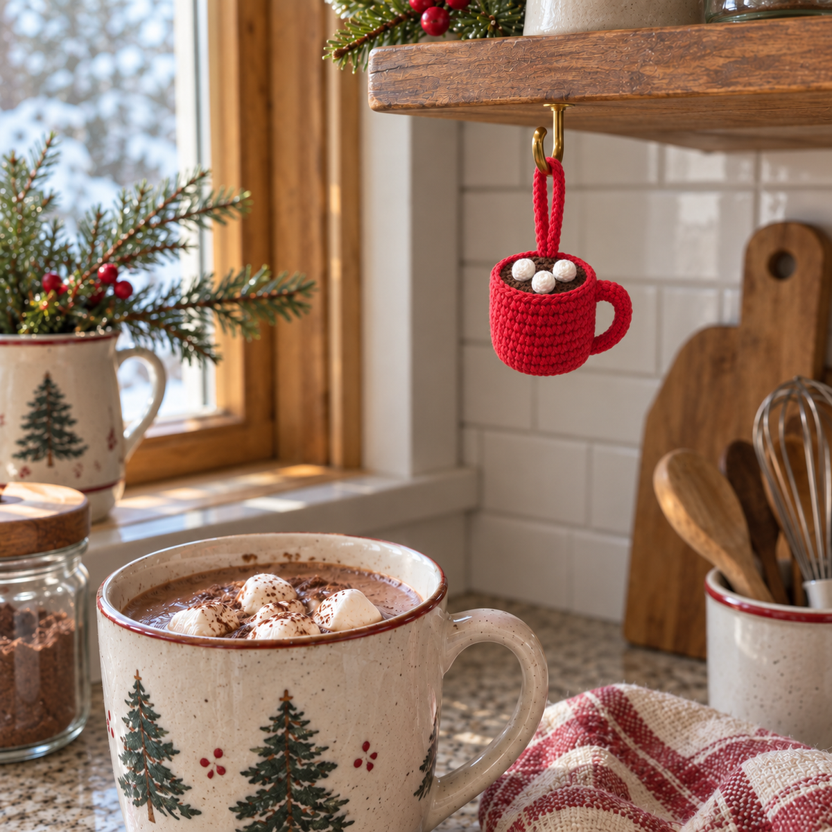 Red crochet hot cocoa mug ornament hanging from a brass hook under a wooden kitchen shelf, above a ceramic mug of cocoa.