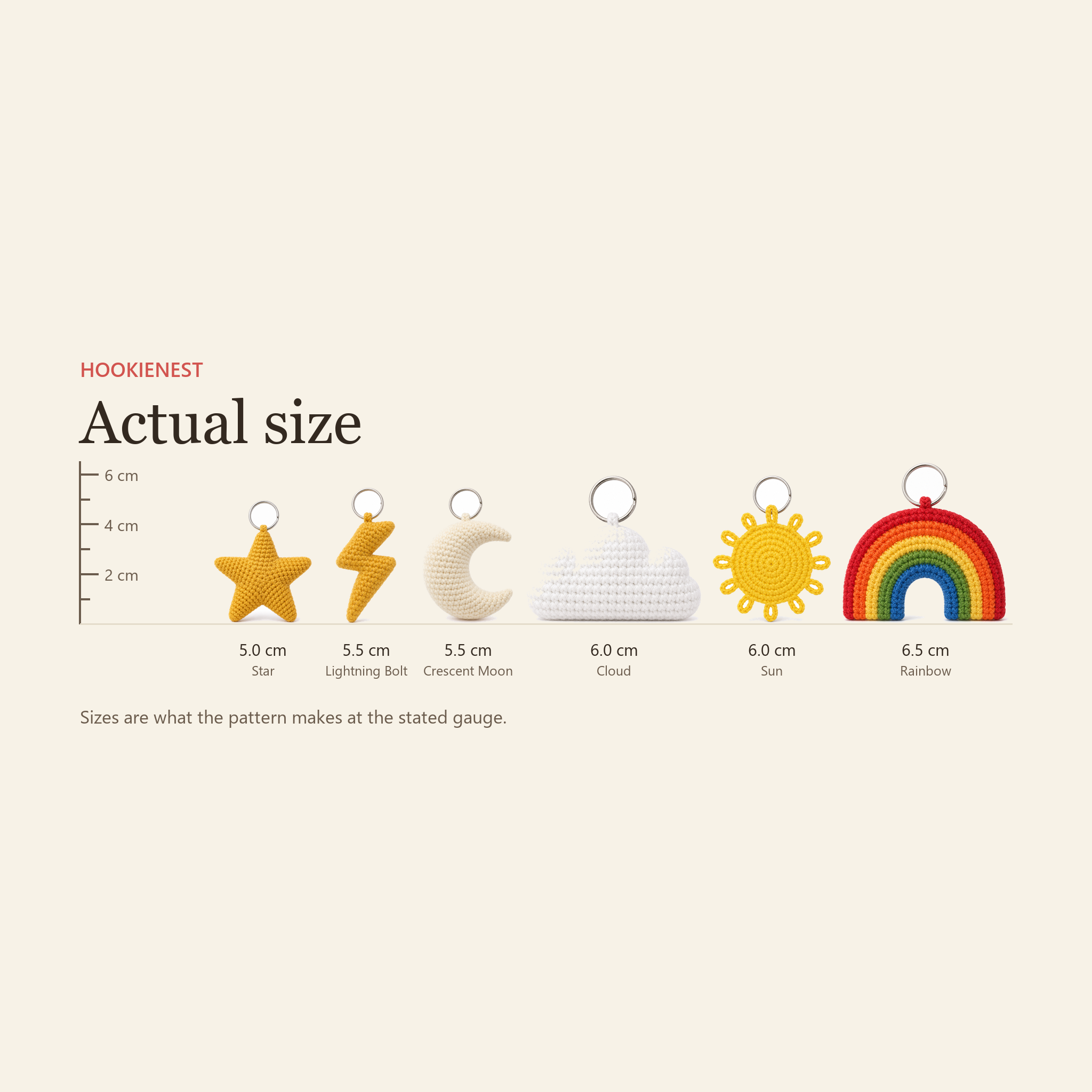 Every sky and star charm beside a centimetre ruler at its finished size