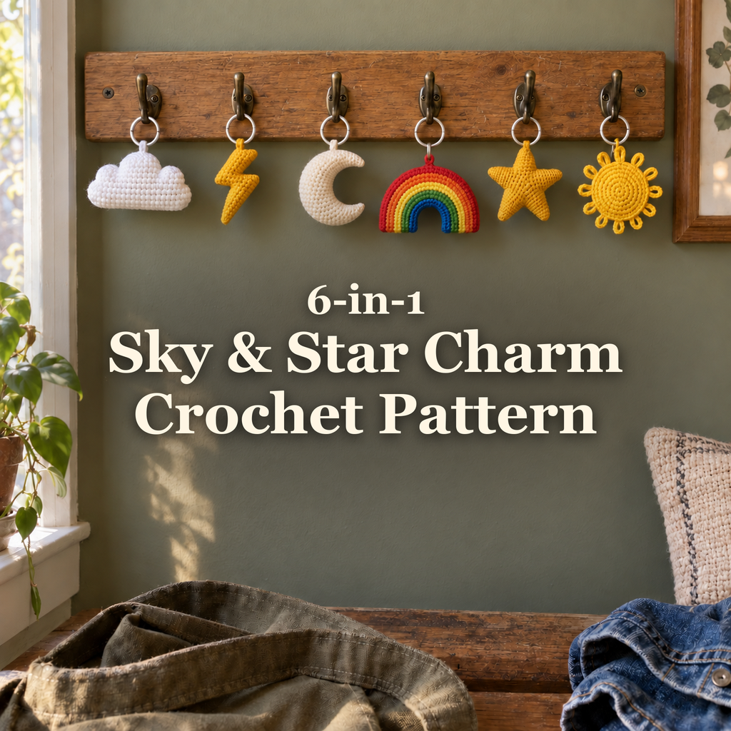 White cloud, golden lightning bolt, ivory crescent moon, multicoloured rainbow, golden star and yellow sun crochet charms hanging from an oak key rail beside a window, with the Sky & Star Charm Crochet Pattern title.