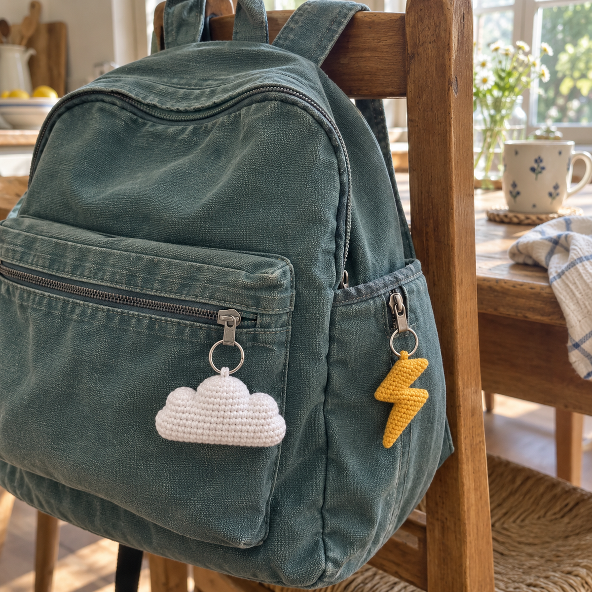 White cloud and golden lightning bolt crochet charms hanging from separate zipper pulls on a teal canvas backpack on a kitchen chair.