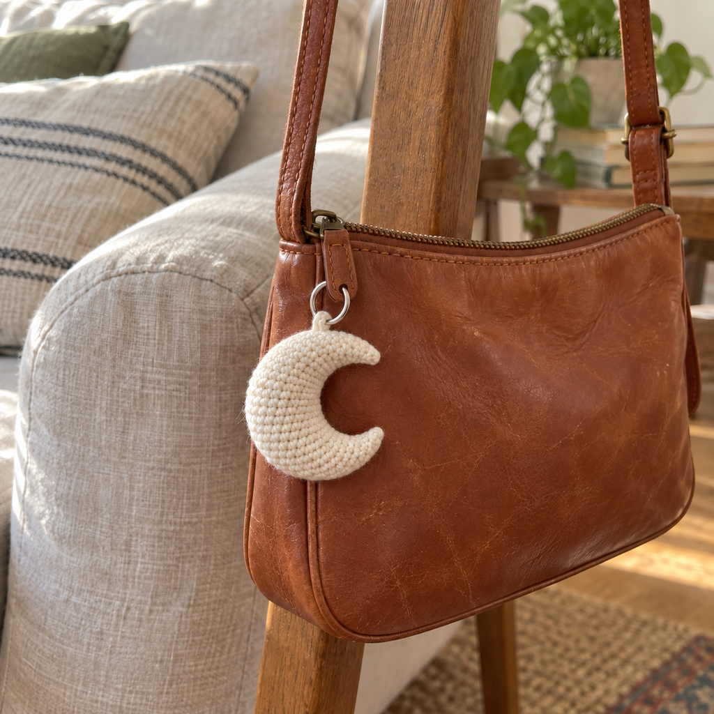 Ivory crescent moon crochet charm hanging from the zipper pull of a brown leather purse beside a linen sofa.