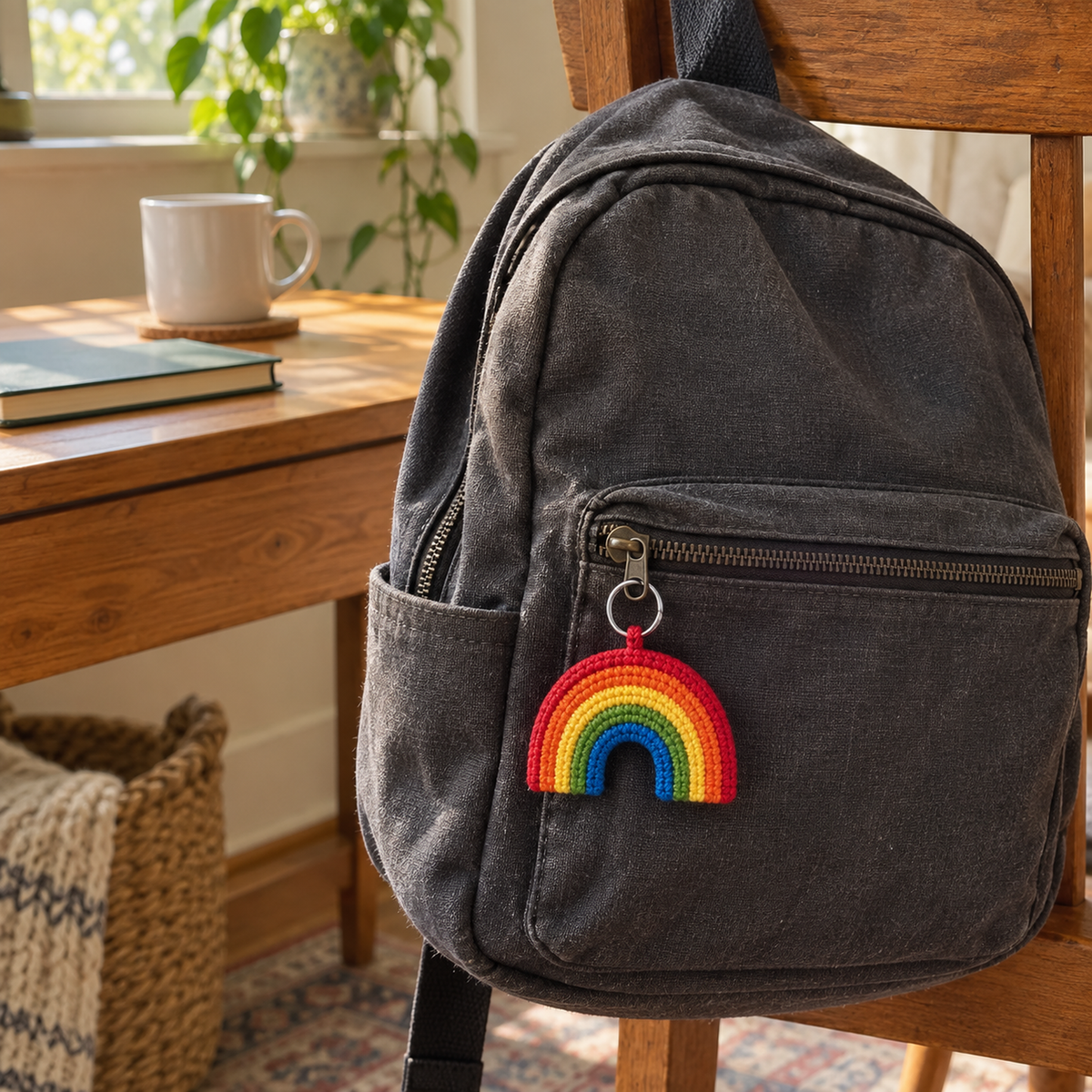 Red, orange, yellow, green and blue rainbow crochet charm hanging from a charcoal backpack on a chair beside a home desk.