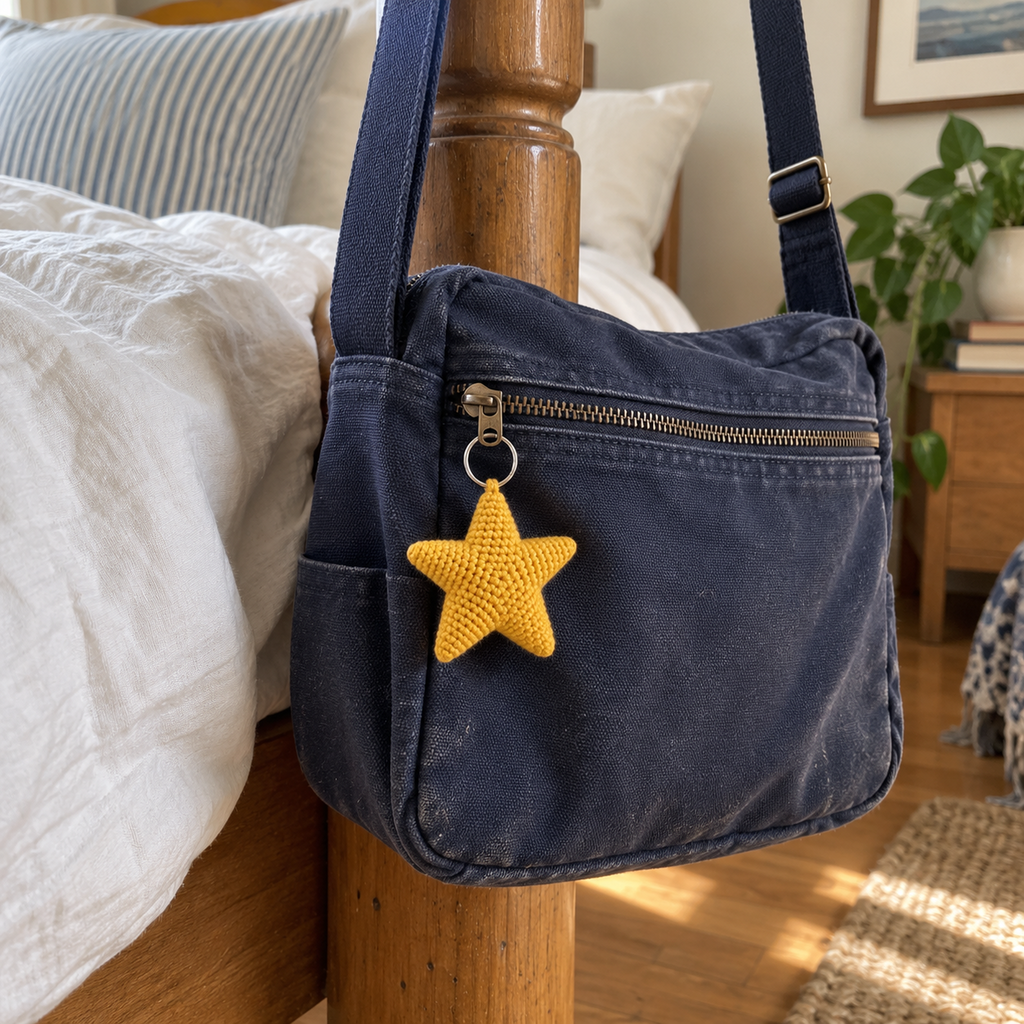 Golden five-point crochet star hanging from a navy canvas satchel beside a wooden bedpost and rumpled white bedding.