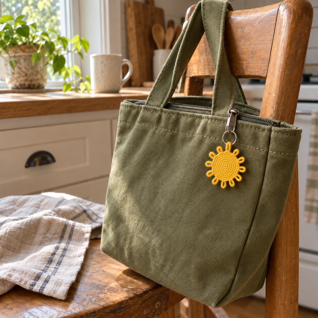 Yellow crochet sun with open loop rays hanging from an olive canvas lunch tote on a kitchen chair.