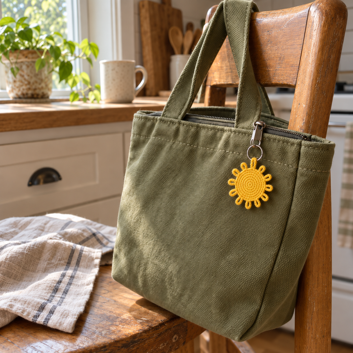 Yellow crochet sun with open loop rays hanging from an olive canvas lunch tote on a kitchen chair.