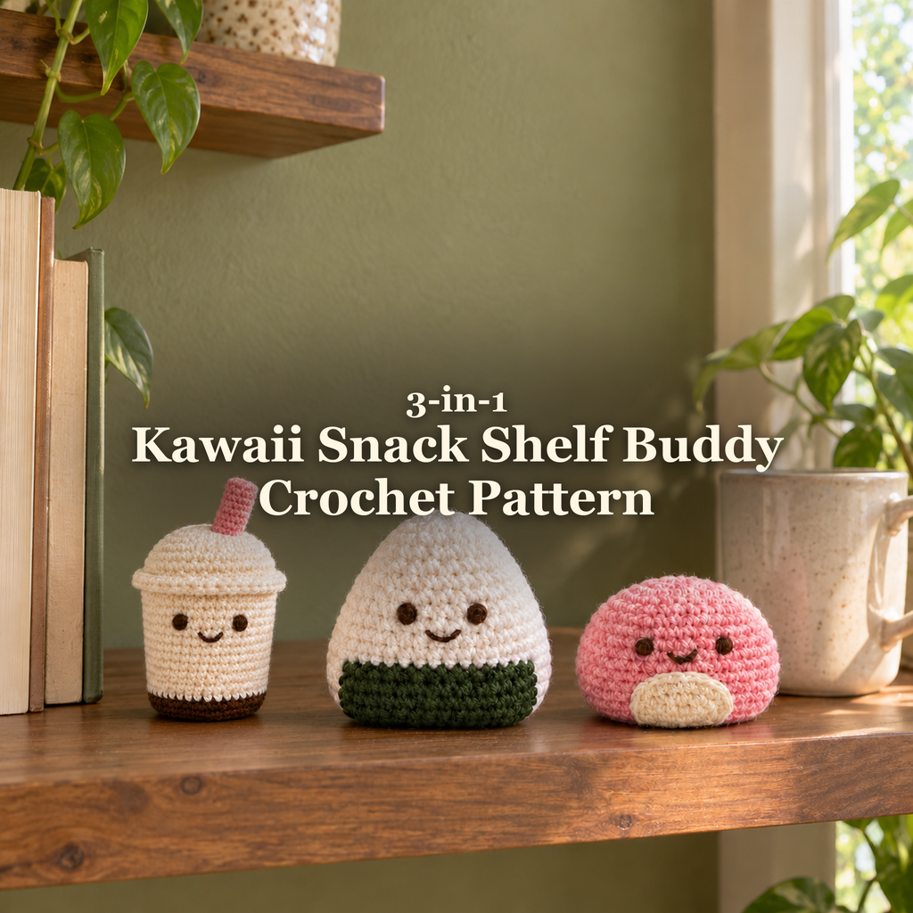 Cream boba cup, white and green onigiri, and pink mochi crochet shelf buddies together on a wooden shelf beside books and a ceramic mug, with the product title above them.