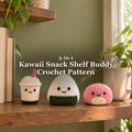 Cream boba cup, white and green onigiri, and pink mochi crochet shelf buddies together on a wooden shelf beside books and a ceramic mug, with the product title above them.