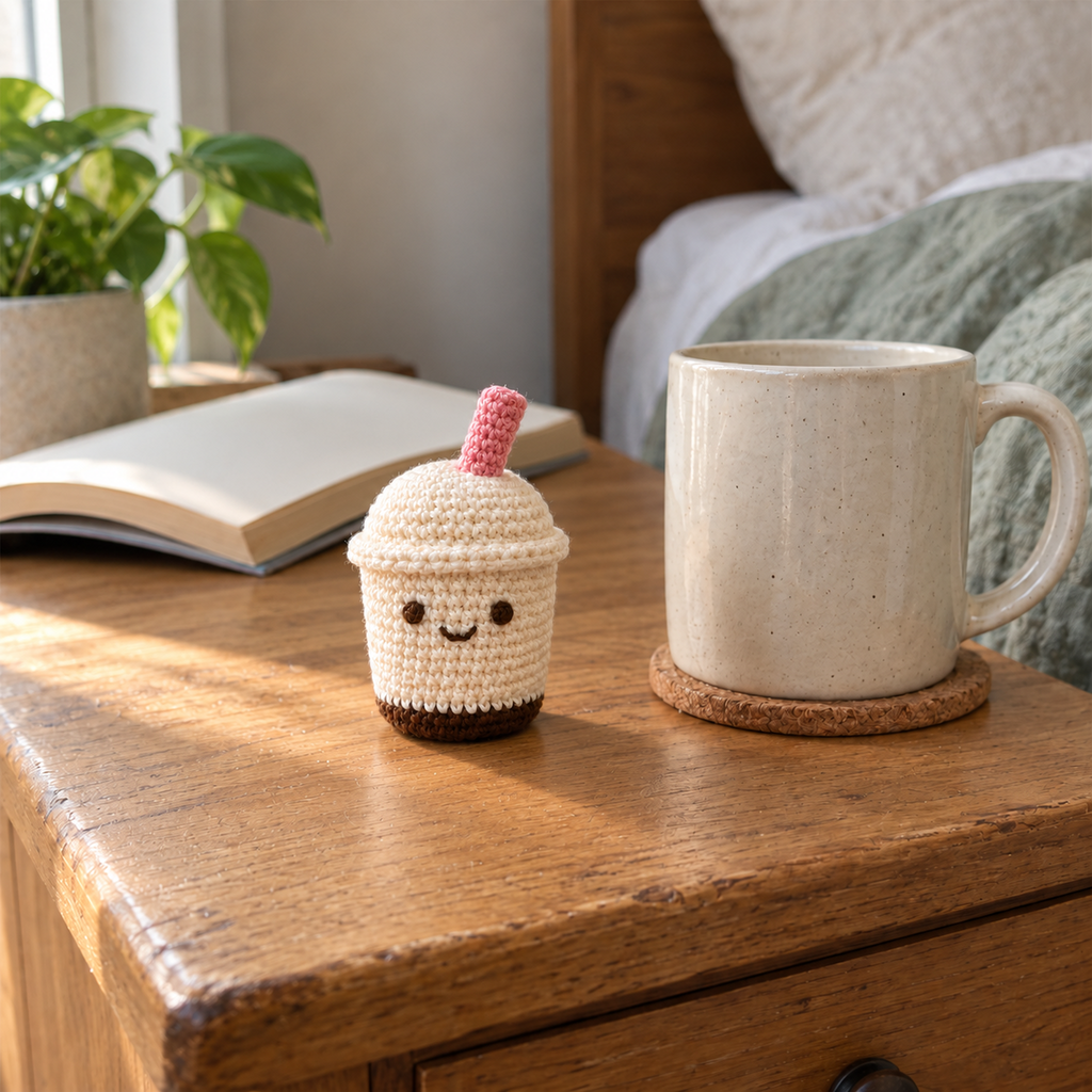 Small cream crochet boba cup with a brown base and pink straw standing on a wooden bedside table beside a ceramic mug and an open book.