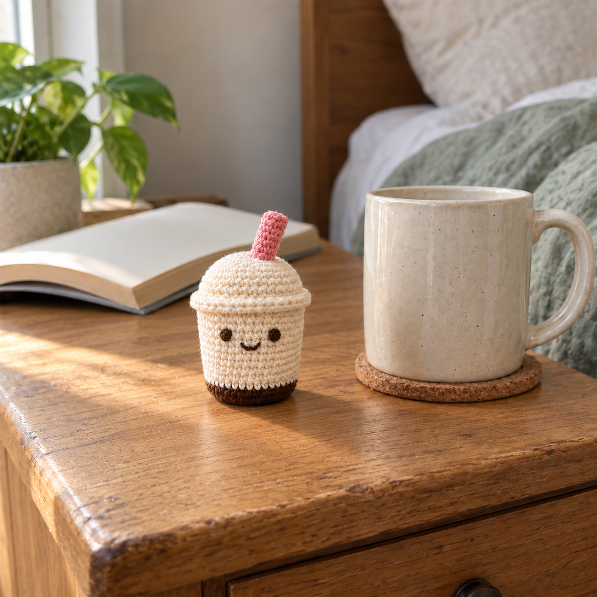 Small cream crochet boba cup with a brown base and pink straw standing on a wooden bedside table beside a ceramic mug and an open book.