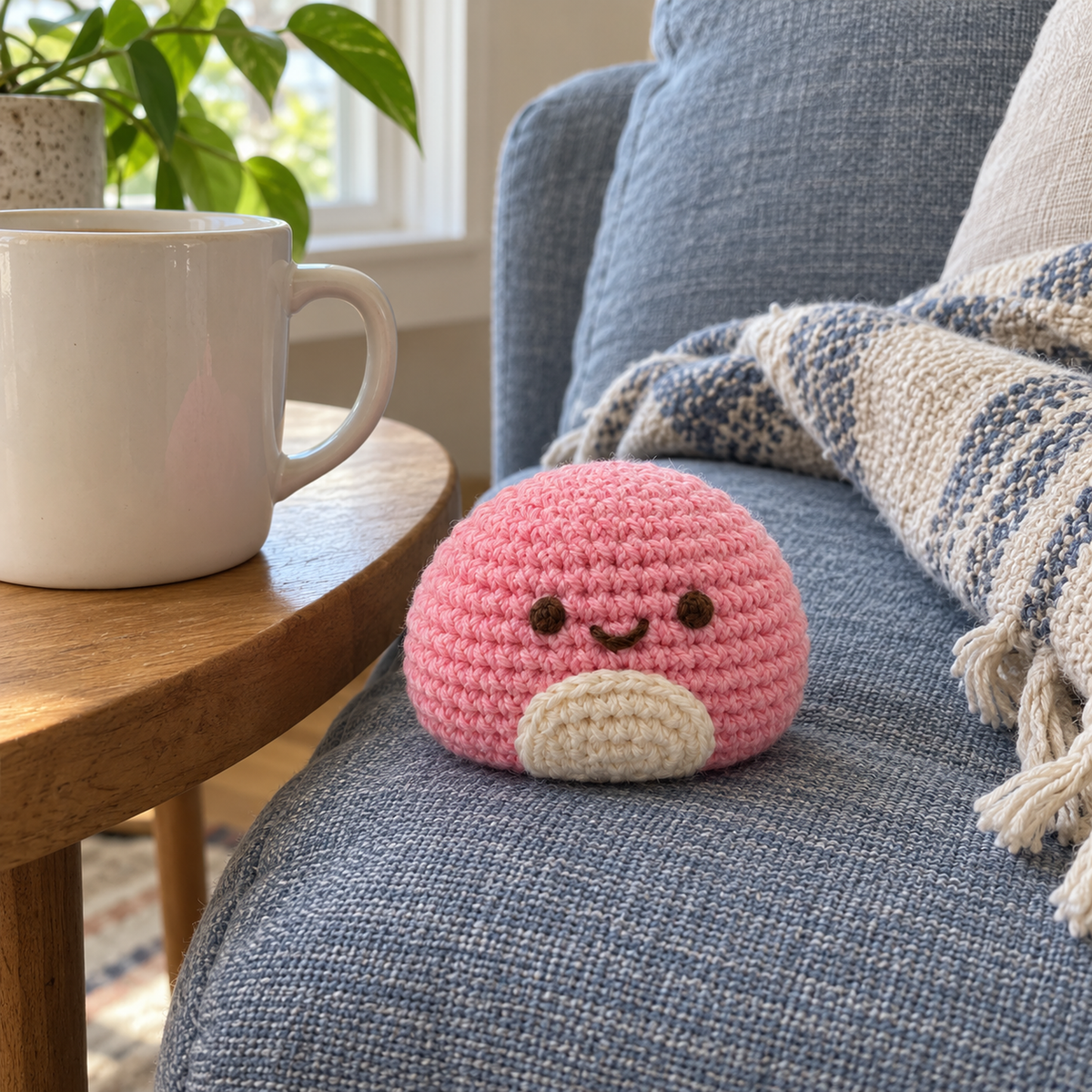 Pink crochet mochi with a smiling brown face and cream front patch sitting on a blue sofa cushion beside a wooden side table and mug.