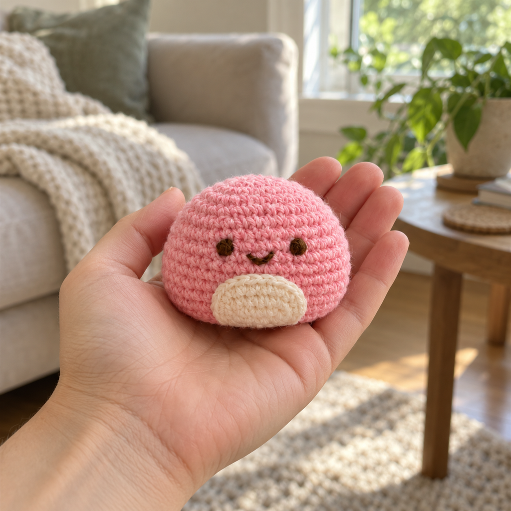An adult hand holding a small pink crochet mochi with a cream front patch and smiling brown face in a sunlit living room.
