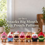 Seven crochet food key pouches on a bright kitchen counter beneath the title 21-in-1 Snacks Big Mouth Key Pouch Pattern.