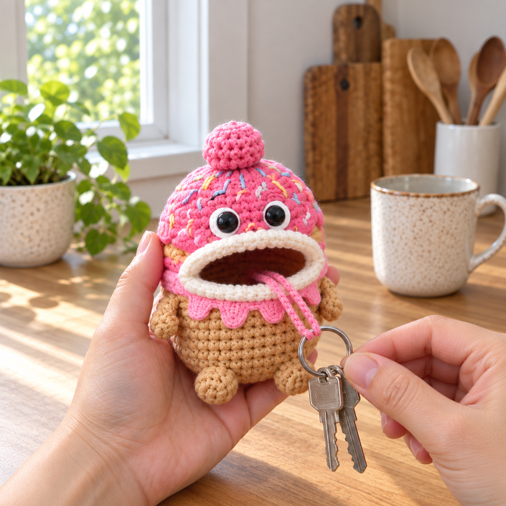 An adult holds a pink and tan Donut crochet pouch and pulls a silver ring with two keys from its white-rimmed mouth.