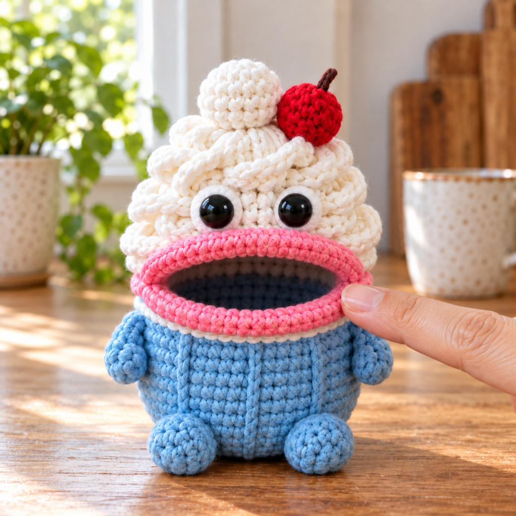 A fingertip touches the pink rolled lip of a blue and white Cupcake crochet pouch with looped frosting and a red cherry.
