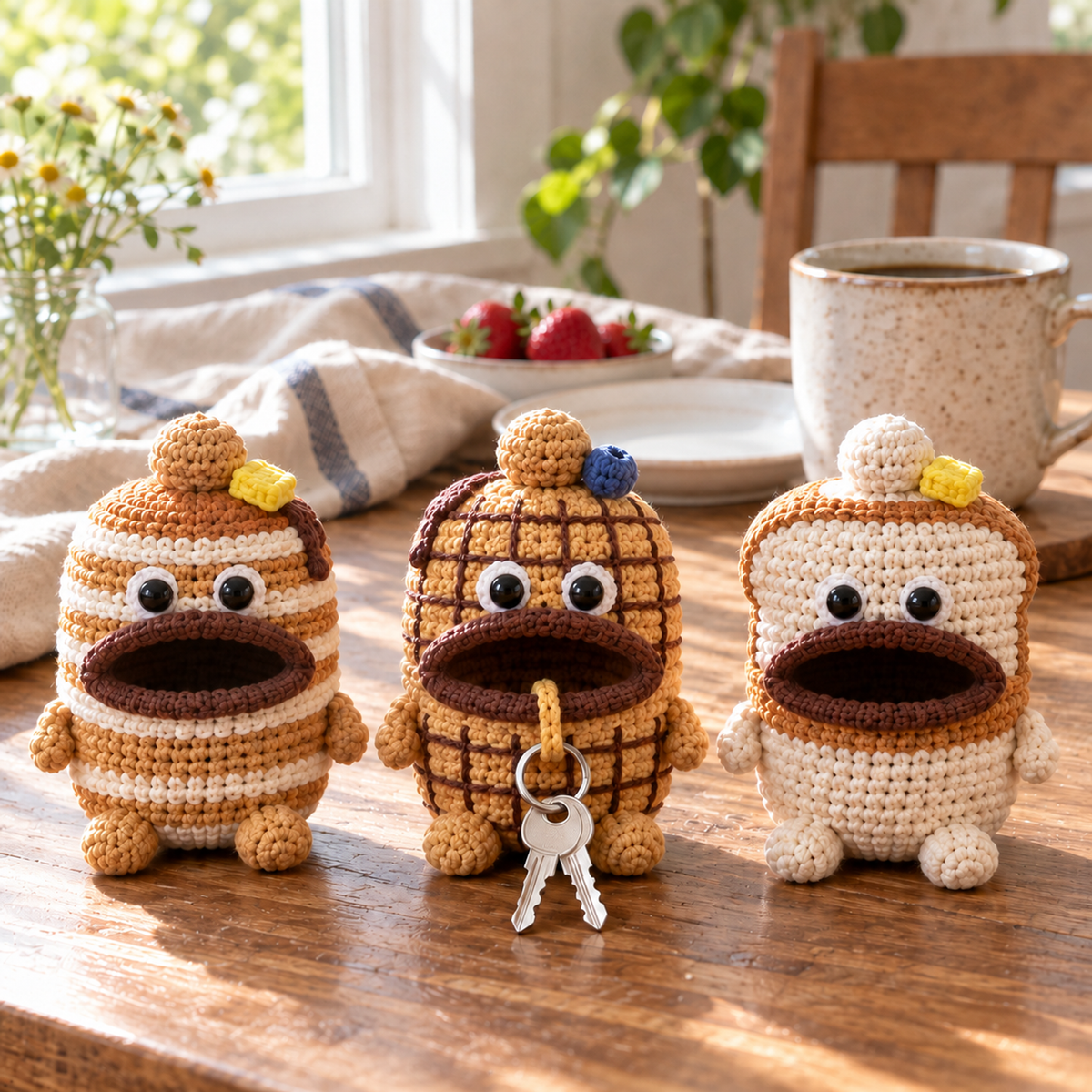 Pancake Stack, Waffle and Toast crochet key pouches stand beside a coffee mug on a breakfast table; keys hang from Waffle.