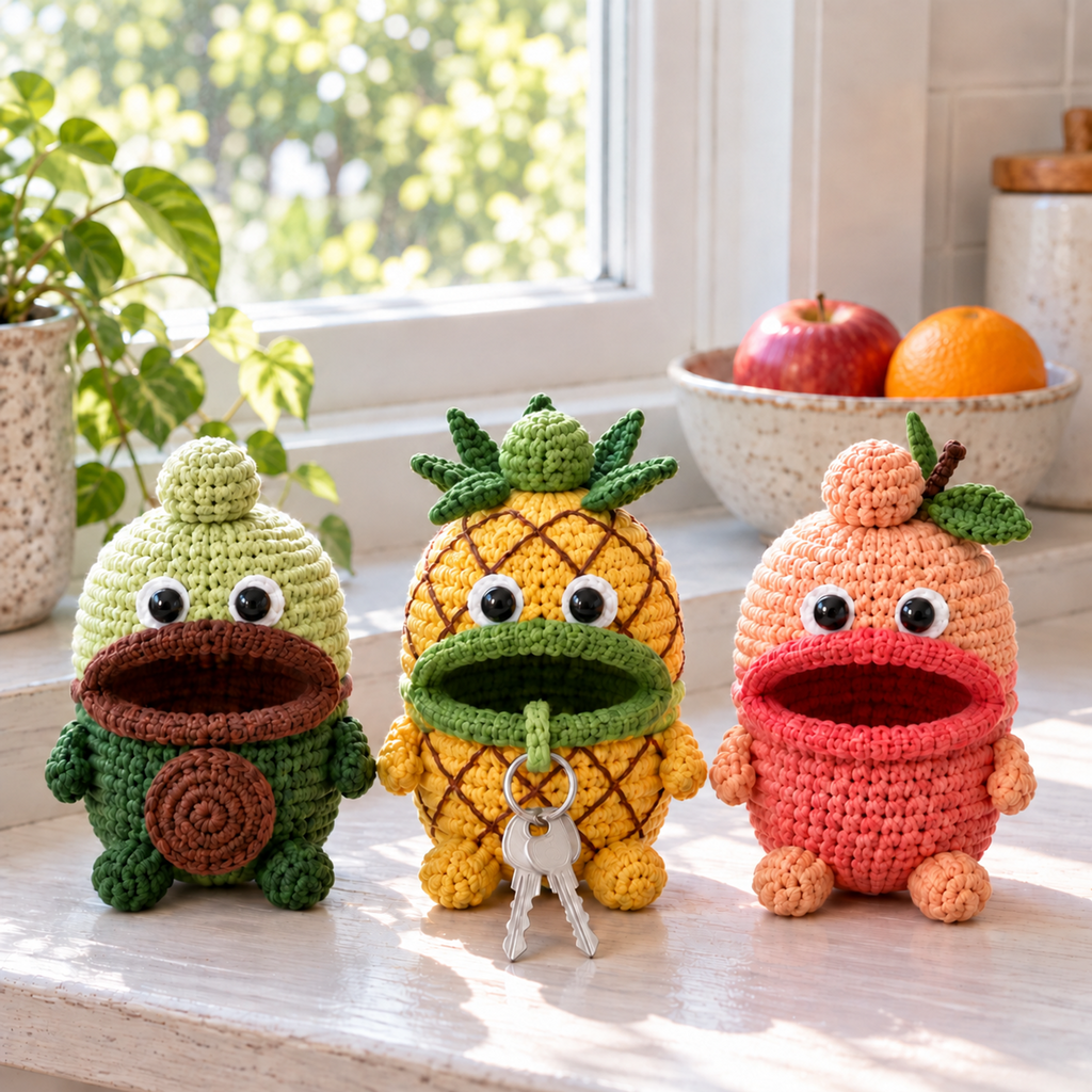 Avocado, Pineapple and Peach crochet key pouches stand on a kitchen windowsill beside a fruit bowl; keys hang from Pineapple.