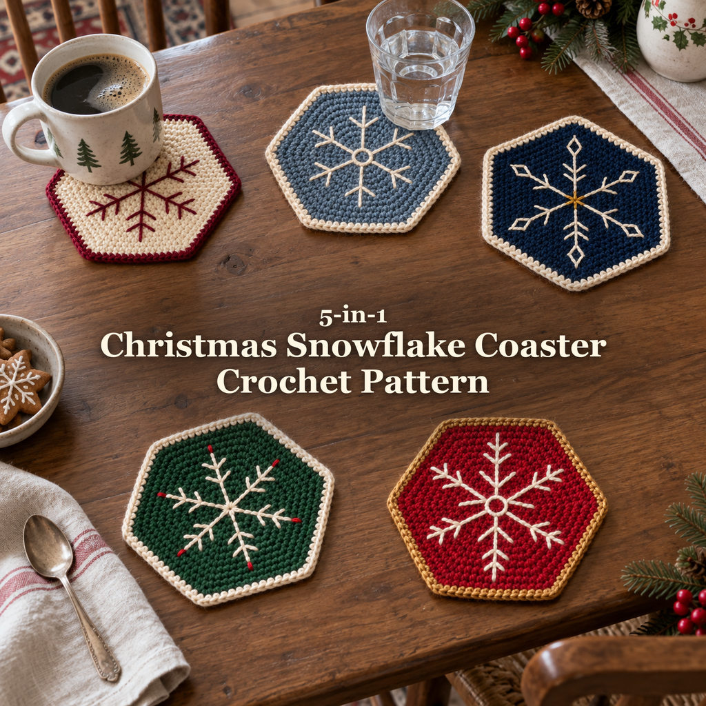 Five hexagonal Christmas snowflake crochet coasters in ivory, blue-grey, navy, green and ruby red on a wooden table, with coffee, a water glass and the product title.