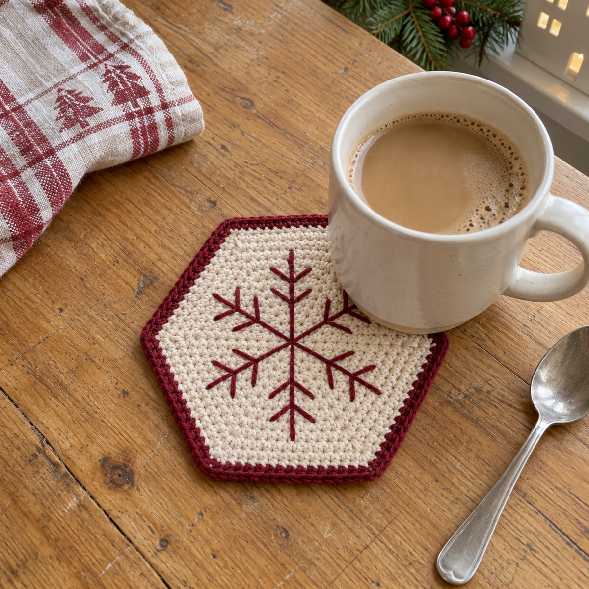 Ivory Heritage Branch hexagonal crochet coaster with burgundy edging and a burgundy snowflake beneath a cream coffee mug on a wooden table.