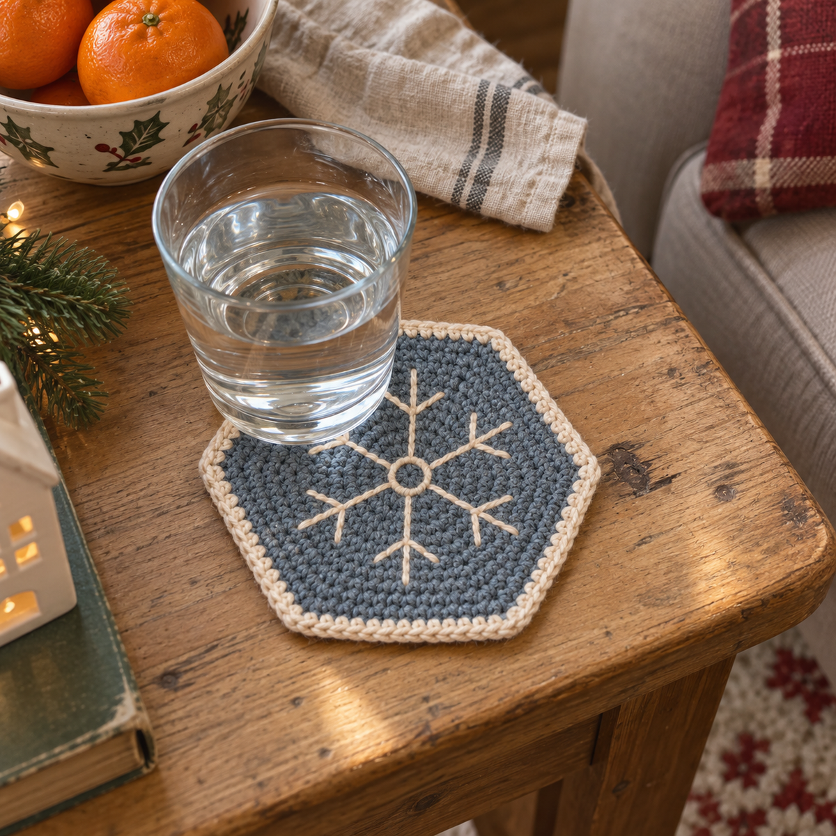 Blue-grey Frosted Star hexagonal crochet coaster with ivory edging and a ring-centred ivory snowflake beneath a water glass beside linen and clementines.