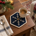 Navy Midnight Crystal hexagonal crochet coaster with ivory diamond-tipped snowflake arms and a small gold centre beneath an espresso cup on a wooden side table.