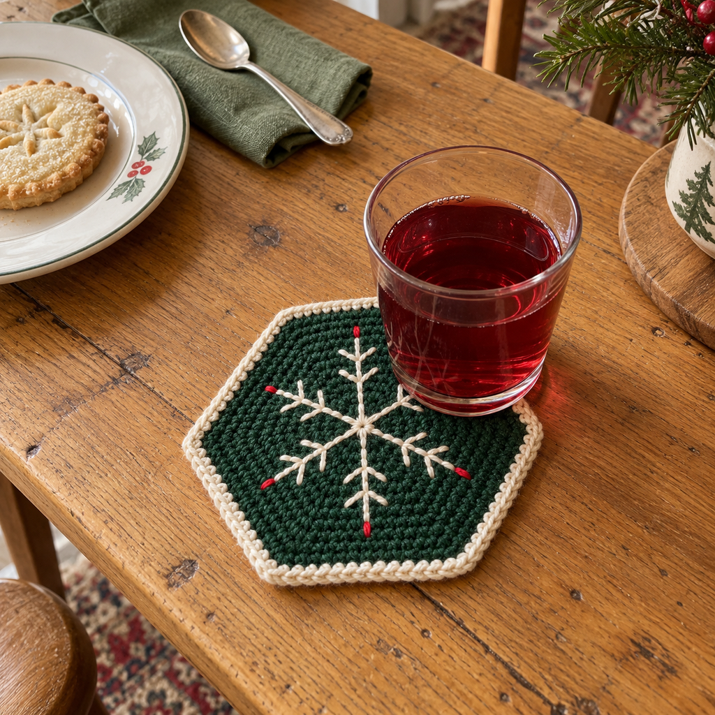 Forest-green Evergreen Sprig hexagonal crochet coaster with ivory edging and red-tipped ivory snowflake arms beneath a glass of cranberry juice beside a biscuit plate.
