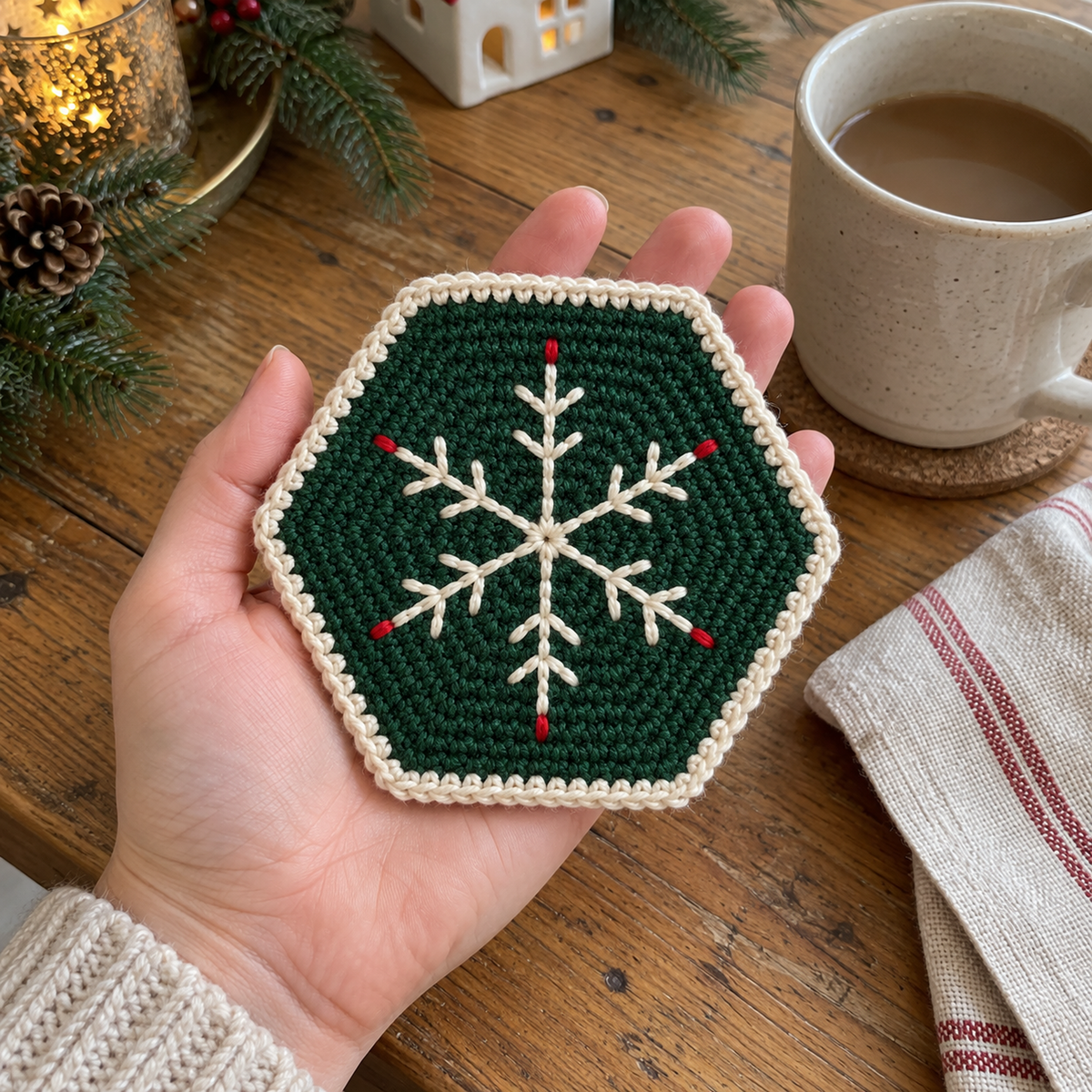 An adult hand holds a forest-green Evergreen Sprig hexagonal crochet coaster with ivory edging and red-tipped snowflake arms above a wooden table.